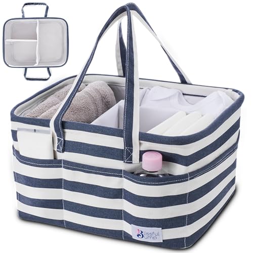 Image of Baby Diaper caddy organizer, Baby Caddy for Newborn.-Extra large diaper caddy, Diaper bag storage caddy, Blissful Bump, Striped White and Navy Blue