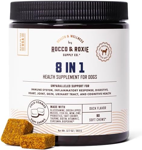 Rocco & Roxie 8 in 1 Dog Vitamins and Supplements, Glucosamine, Green Lipped Mussel Hip and Joint, Probiotics Digestive Health, Immune Skin and Coat, Puppy to Senior Chewable Multivitamin, 90 ct chews