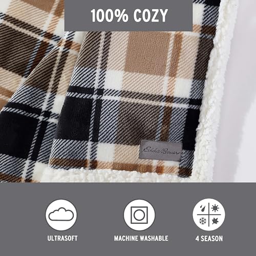 Image of Eddie Bauer - Throw Blanket, Brushed Fleece & Plush Sherpa Bedding, Blanket for Couch & Bed (Rugged Plaid Beige, 50 inch x 60 inch)