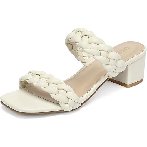 Wide Width Chunky Heels for Women Braided Dressy Sandals Square Open Toe Summer Shoes