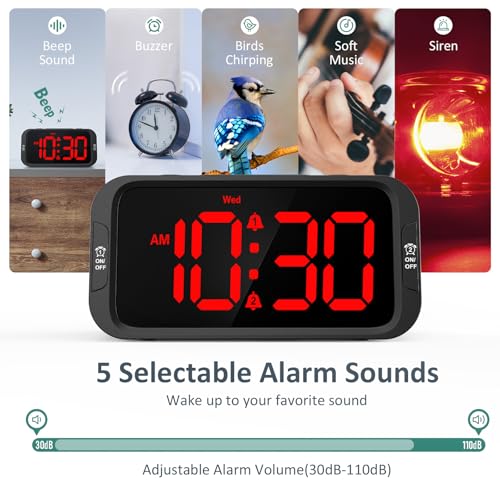 Image of Odokee Digital Dual Alarm Clock for Bedroom, Easy to Set, 0-100% Dimmer, USB Charger, 5 Sounds Adjustable Volume, Weekday /Weekend Mode, Snooze, 12 /24Hr, Battery Backup, Compact Clock for Bedside(Red)