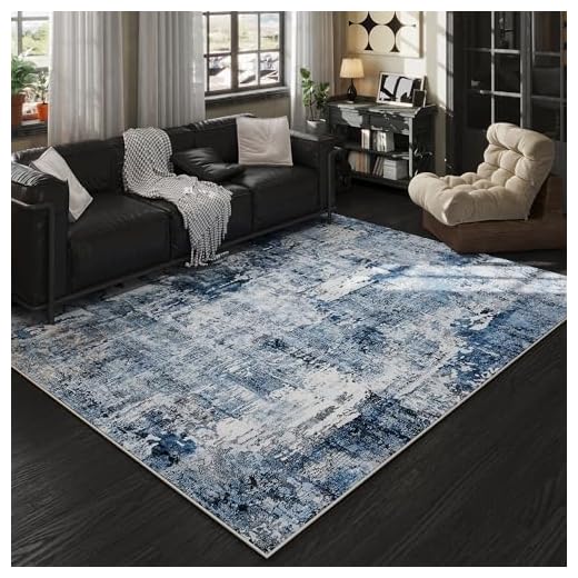 Rugcomf Area Rug 5x7 Washable Rug Boho Soft Abstract Pattern Non-Slip Non-Shedding Faux Wool Vintage for Living Room, Bedroom, Farmhouse, Dining Room, Indoor, Kids Playroom, Blue