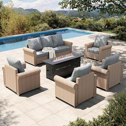 Image of HERA'S HOUSE 6-Piece Patio Furniture Set, All Weather 7 Seats Outdoor Wicker Sofa with 57 inch Fire Pit Table, 5.5 inch Thick Waterproof Cushion Conversation Couch Set for Garden Deck Backyard, Grey