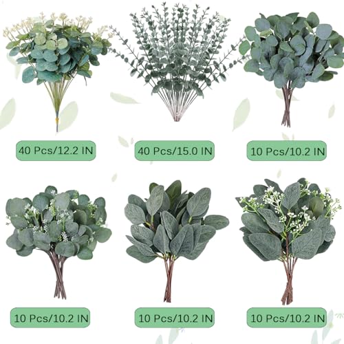 Mixed Eucalyptus Leaves Stems Bulk Artificial Silver Dollar Leaves Picks Dried Eucalyptus Bundle Faux Spray for Wedding Vase Bouquet Decor (120, Green) image 4