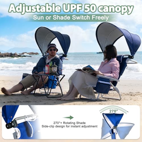 Image of Romswi Extra Wide Beach Chair with Canopy Shade, 1 Pack Aluminum Folding Chairs with Detachable & Adjustable Umbrella, 5-Position Lay Flat, Cooler Bag, Cup & Phone Holder, Towel Bar, Royal Blue
