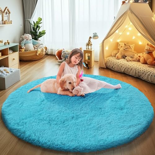Soft Round Area Rug for Kids Bedroom, Fluffy Fuzzy Shaggy Rug 6'X6'for Living Room, Non Slip Circle Plush Rug for Girls Room Nursery Dorm Decor,Light Blue