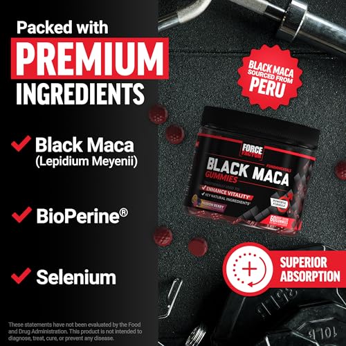 Image of Force Factor Black Maca Gummies for Men & Women, Boost Energy, Strength, Drive & Vitality, BioPerine & Selenium for Superior Absorption, Peruvian Black Maca Root Extract, Passion Berry, 60 Gummies