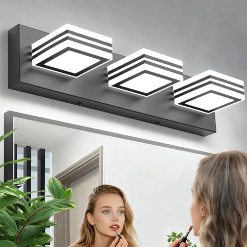 Image of SOLFART LED Bathroom Vanity Light Fixtures: 3 Light Matte Black Modern Acrylic Bathroom Wall Lighting Fixtures Over Mirror Cool White 6000K