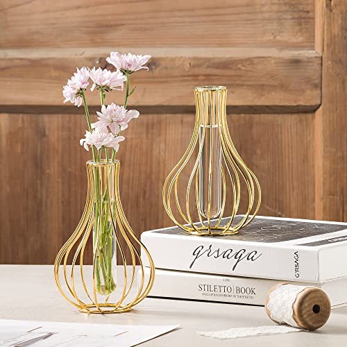 Grensuk 2 Pcs Gold Decor Vase,Flower Vase Glass Test Tube,Set Of 2 Gold Metal Flower Vases For Home Decor And Centerpieces-Small Desk Decor Vases-Elegant Gold Decor For Flowers,Small Vases #TOP7