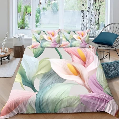 Housse de couette 260x240 cm avec 2 taies imprimé fleurs 3D en microfibre pour grand lit