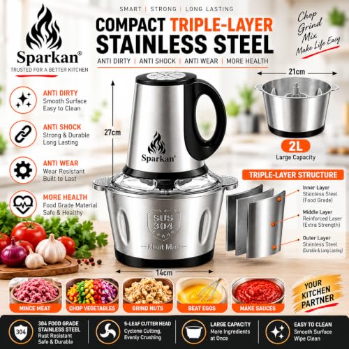 Image of 2L Electric Food Chopper 800W, Stainless Steel Bowl Kitchen Chopper, Powerful Meat Grinder & Vegetable Cutter, Multipurpose Food Processor for Onion, Garlic, Tomato, Fruits, Nuts & Baby Food