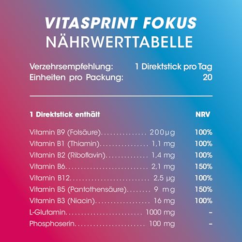 Vitasprint Fokus Direktsticks, 20 Stück – Vitamin B-Komplex -Kombination aus Vitamin B2, B3, B6, B12 und Aminosäuren für Konzentration, Energie und geistige Leistungsfähigkeit*.