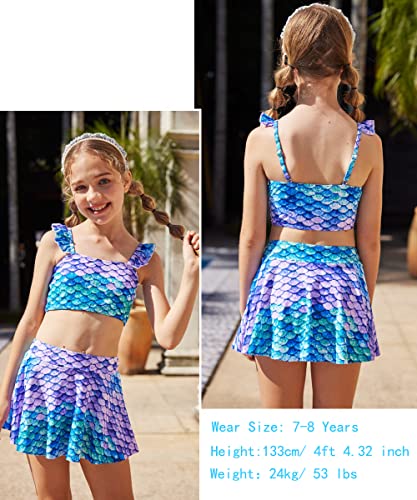 Hopeac 3Pcs Blue Mermaid Bathing Suits For Girls Summer High Waist Skirt Swimsuit Size 7 Beach Fishing Cover Up Rash Guard Bikini Beachwear #TOP1