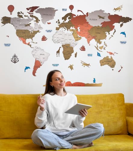 Image of ELK 3D Wooden World Map Wall Decor with Country Names, Capitals & States | Premium Multilayer Laser Cut Wall Art | Easy DIY Installation | Travel Theme Home Decor for Living Room, Office | Size XL : 205x116 CM