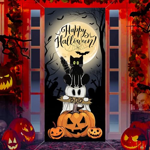 Bannière chat fantôme grand format pour portes et fenêtres d'Halloween