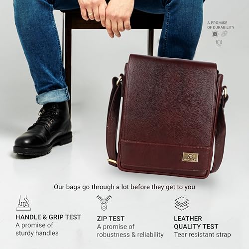 Image of Unisex Genuine Leather Messenger Sling Bag - Stylish Crossbody Shoulder Bag for Men & Women - Compact Travel & Office Satchel with Adjustable Strap