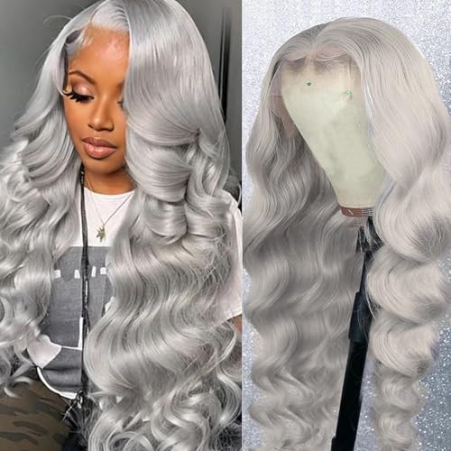 Image of 24 Inch Grey Lace Front Wigs Human Hair 13x4 HD Transparent Body Wave Human Hair Lace Front Wigs 180 Density Pre Plucked Grey Colored Glueless Hair Wig for Women with Baby Hair