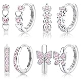 𝟗𝟐𝟓 𝐒𝐭𝐞𝐫𝐥𝐢𝐧𝐠 𝐒𝐢𝐥𝐯𝐞𝐫 𝐏𝐨𝐬𝐭 Small Hoop Earrings For Girls Hypoallergenic Huggie Earrings for Women - Cute Heart Flowers Butterfly Star Cubic Zirconia Cartilage Earrings For Sensitive Ears Pink 4Pairs
