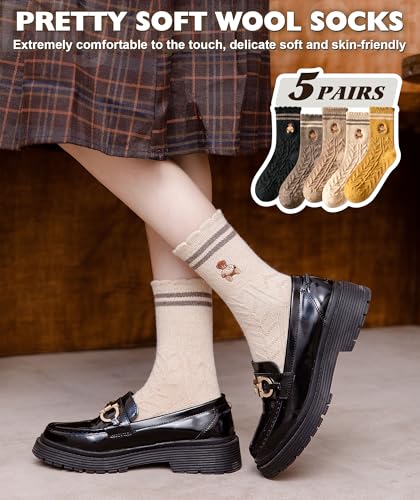Image of IIG 5 Pairs Women's Vintage Style Thick Wool Warm Winter Crew Socks