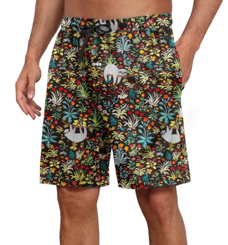 PrinStory Mens Pyjama Shorts With Pockets Summer Sleep Lounge Shorts Elastic Waist Pajamas Bottoms Nightwear (Black Sloth L)