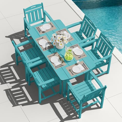 Image of HDPE Outdoor Dining Set, Patio Table and Chairs Set, All-Weather 7-Piece Outside Table and 6 Chairs, 2 inch Umbrella Hole, Outdoor Furniture for Garden, Poolside, Backyard, Deck | Lake Blue