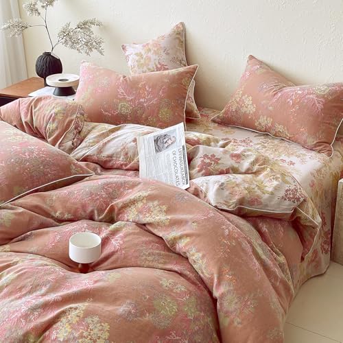 Image of VM VOUGEMARKET Pastoral Double Layer Gauze Cotton Duvet Cover Set - Peach Blush Floral Jacquard,Cozy Reversible Vintage Bedding Set King Size