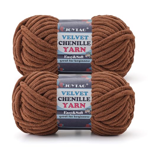 Image of 2 Pack Chunky Chenille Yarn for Crocheting and Knitting Beginners,Thick Bulky Plush Fluffy Velvet Soft Baby Blanket Crochet Chenille Yarn for Crocheting Blankets /Amigurumi /DIY Crafts(Dark Brown