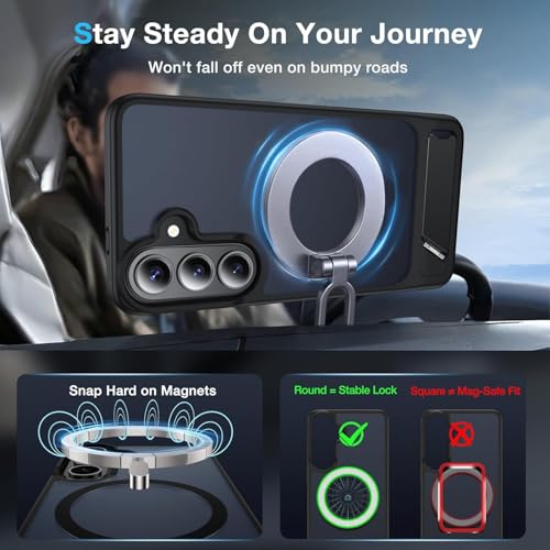 Image of Elzzi Magnetic Magsafe for Samsung Galaxy S26 Case [Compatible with MagSafe][Full Camera Protection][Built-in Invisible Kickstand] Translucent Matte Phone Back Cover-Black