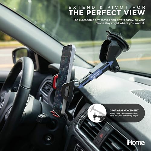 Image of iHome Car Mount, Dashboard /Windshield /Vent Mount, Swivel Neck, Silicone Grip, Adjustable Mount Arm with Suction Cup Base (Adjustable Arm Car Mount)