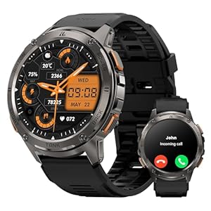 AMAZTIM Smart Watch, 60 Days Extra-Long Battery, 5ATM Waterproof Swimming Diving, Full Metal military tactical, Answer/Make Call, 1.43″ AMOLED Display, Health Monitor Compatible for iPhone and Android
