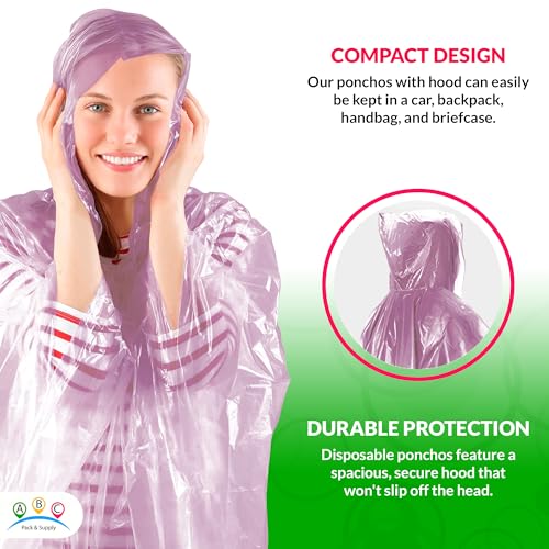 Image of ABC PACK & SUPPLY Disposable Rain Ponchos for Adults, Pink Hooded Rain Poncho, One Size, Polyethylene 0.02mm, Individually Wrapped, Bulk Pack of 200