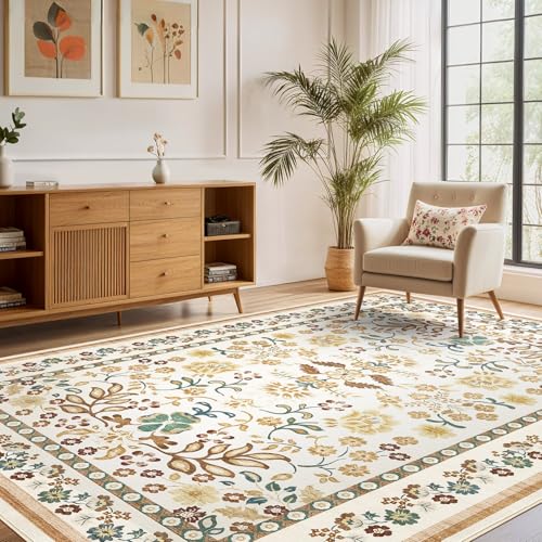 5x7 Area Rug Living Room Rugs Thickened - Washable Boho Vintage Floral Large Soft Non Slip Thin Rug Low Pile Carpet for Bedroom Dining Room Kids Playroom Office Decor Indoor - Brown