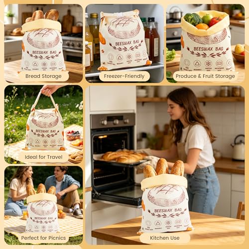 2 Pack Beeswax Bread Bags, 17 x 13 in Reusable Cotton Bags for Sourdough - image 6