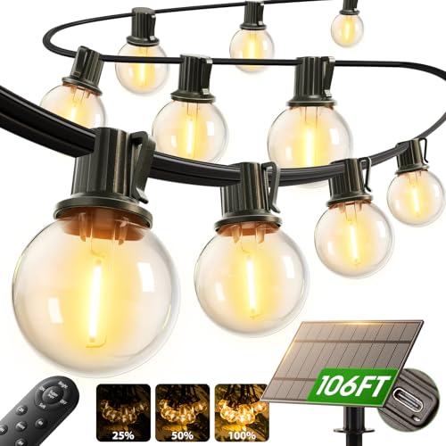 addlon 100FT Solar String Lights Outdoor with Remote, 54 LED Shatterproof Bulbs, Dimmable & Timable, 3 Light Modes, G40 Waterproof Solar String Lights for Outside Backyard Party Decor