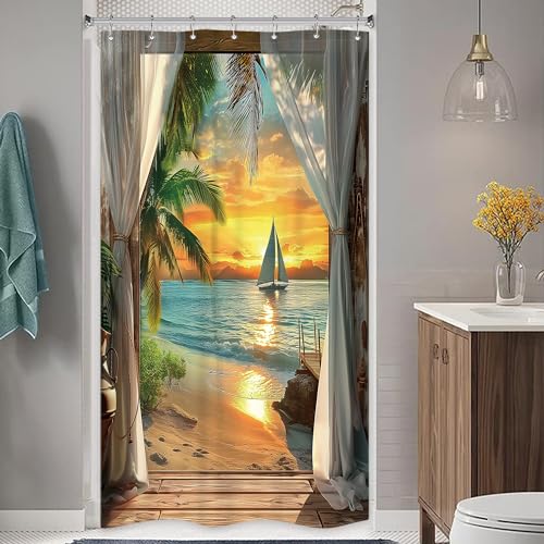 Image of Riyidecor Small Stall Beach Shower Curtain 36Wx72H Inch RV Half Coastal Ocean Sea Hawaiian Sunset Tropical Single Narrow Barn Door Rustic Bathroom Decor Fabric Polyester Waterproof 7 Pack Hooks