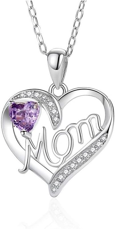 Sterling Silver Red/Purple Crystal and Love Heart Mom Pendant Necklace Gift for Mom