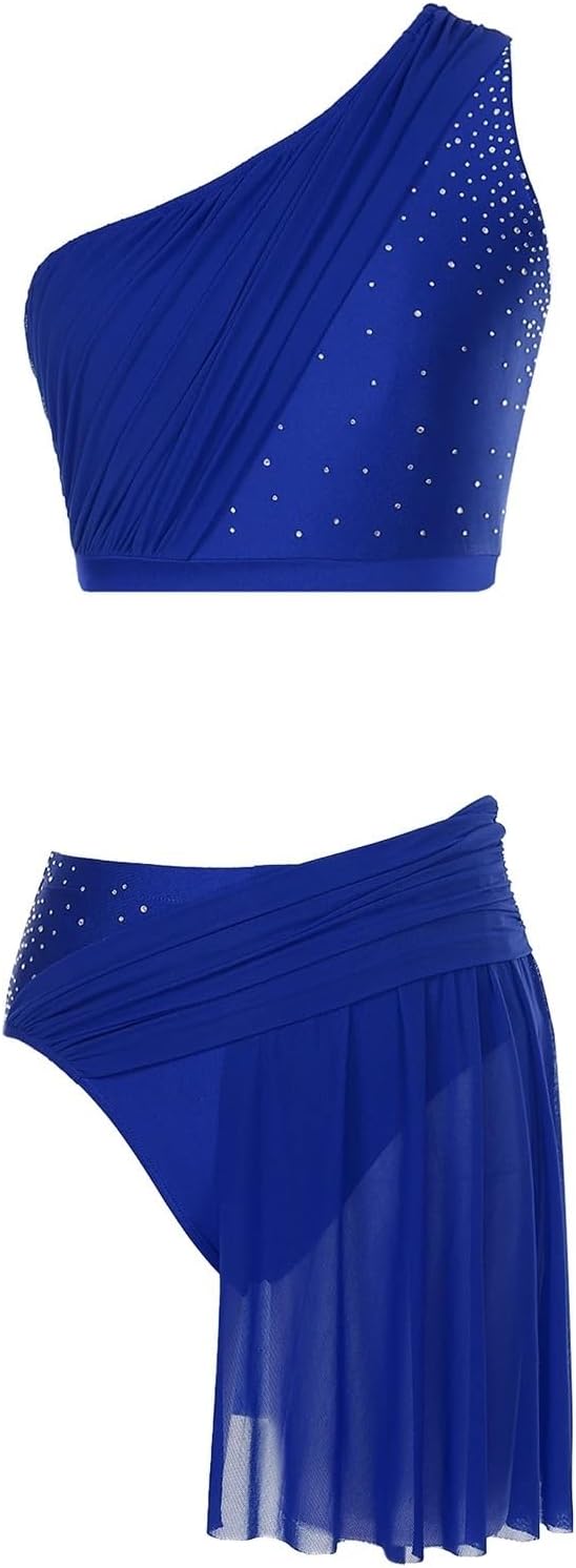 Womens Lyrical Ballet Dance Outfit Costume Pole Dancing Club Performance Set One Shoulder Crop Top and Mesh Skirted Briefs