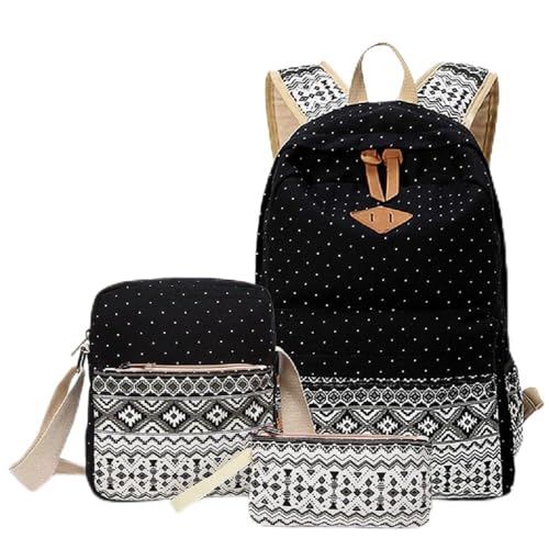 Sac à Dos Scolaire, 3 en 1 Cartable de Loisir en Toile Sac à Dos + Sac à Main + Sac d’Épaule pour l’Adolescent, l’Étudiant et Idéal pour l'École, Les Loisirs, Le Voyage, la randonnée etc. (Noir)