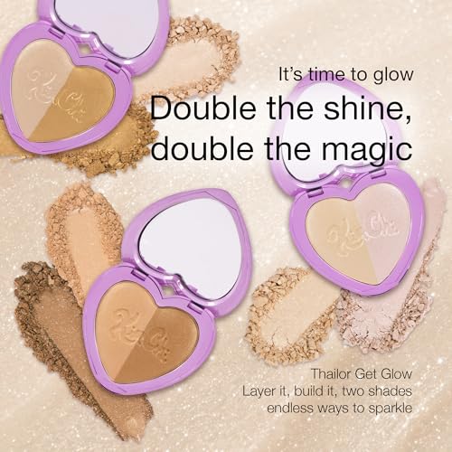 Image of KimChiChic Beauty Thailor Get Glow Highlighter Duo, 2-in-1 Illuminating Powder Palette, Buildable Shimmer for Face & Body, Heart-Shaped Compact with Mirror, Cruelty-Free, Hollywood Glow