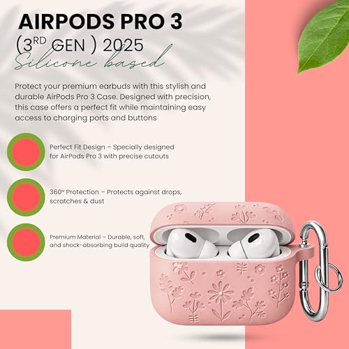 Image of Emoh Roced Case for Airpods Pro 3,Silicone Flower Engraved Cases Compatible with Apple AirPods Pro 3rd Generation 2025, Shockproof, Anti-Scratch, Protective Case Cover (Pink, for AirPods pro 3)