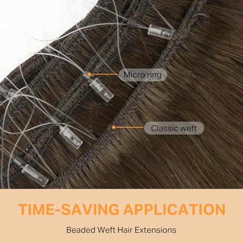 Image of DOORES Beaded Weft Hair Extensions Virgin Human Hair, 14 Inch 80g Balayage Walnut Brown to Ash Brown and Bleach Blonde Real Hair Natural Straight