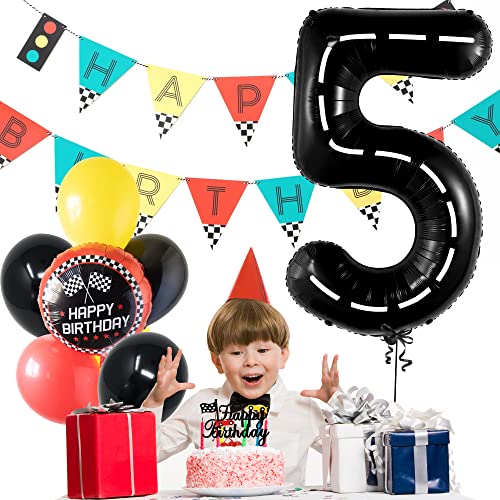 Image of KatchOn, Number 5 Race Car Black Balloon - Giant 40 Inch, Party Supplies, Hotwheel Birthday Decorations, Unisex, All Ages, 3 Pieces | Hotwheel Birthday Decorations, Unisex, All Ages, 5th Birthday Decorations for Boys, 5 Happy Anniversary Decorations