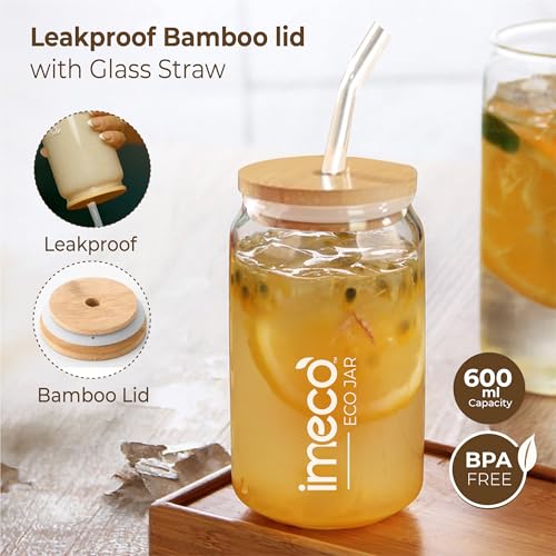 Image of IMECO ECO JAR Borosilicate Glass Sipper with Bamboo Lid & Straw, 600ml | Leak-Proof, BPA-Free & Eco-Friendly | Travel-Ready Bottle for Milk, Coffee, Green Tea & Water
