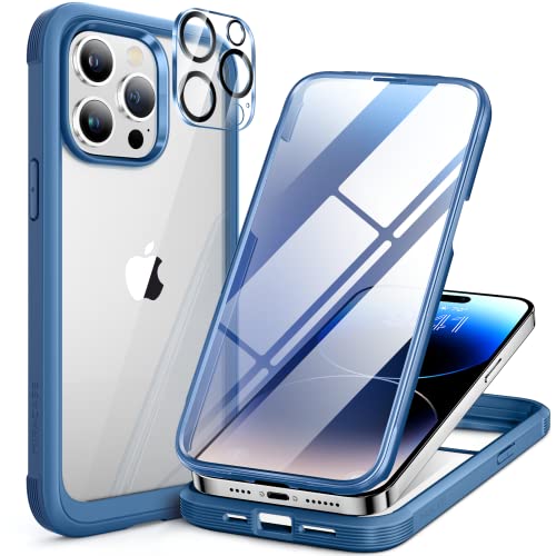 Image of miracase Glass Series Designed for iPhone 14 Pro Max Case 6.7 Inch, Upgrade Full-Body Bumper Case with Built-in 9H Tempered Glass Screen Protector, with Camera Lens Protector, Capri Blue