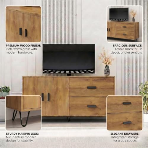 Image of FFO Haven Sideboard Cabinet for Living Room | 2 Door Storage Cabinet with 2 Drawers, Modern Sideboard Cupboard for Bedroom, Dining Room & Hallway, Wood Finish Cabinet with Metal Hairpin Legs DIY