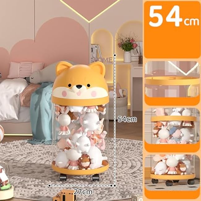 Stuffed Animal Storage Toy Organizer, with/without Wheels, Clear Doll Bucket, Storage Tube with 360¡ã Rotation Wheels, Large Doll Storages Tube for Room Living Room Bedroom (Orange_b)