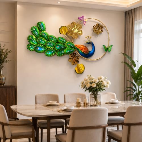 Image of SHREE 'O' GREEN TECH - Handcrafted Decorative Metal Peacock Wall Art Golden Leaf Frame Showpiece Multicolor Decor for Home Living Room Drawing Room Bedroom (Size 41x25 Inch)