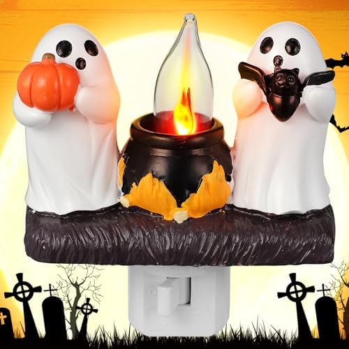 Ghost Campfire Nightlight, 3D LED Flickering Night Light Plug in, Small 5In Flickering Flame Night Light, Fake Campfire Halloween Lights, Halloween Decorations Gifts for Family Friends Kids