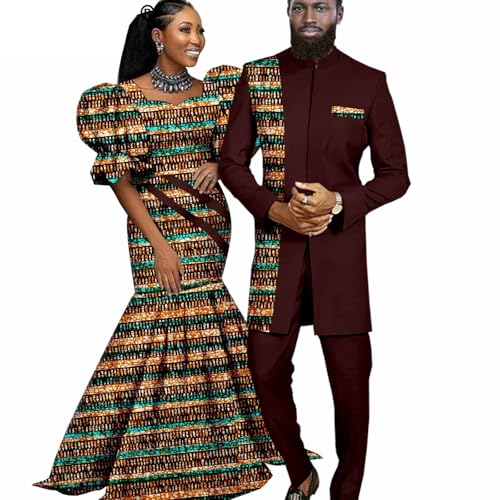 African Women Print Long Dresses Matching Couple Outfits Dashiki Clothes Bazin Men Suits Jacket and Pant Sets(B,Men-Small)