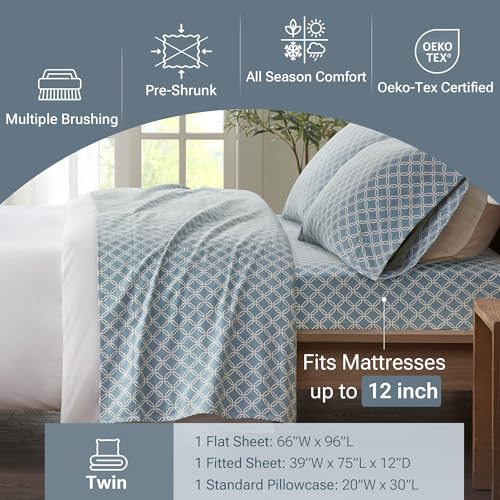 Image of True North by Sleep Philosophy Cozy Flannel Warm 100% Cotton Sheet - Novelty Print Animals Stars Cute Ultra Soft Cold Weather Bedding Set, Twin, Blue Geo 3 Piece